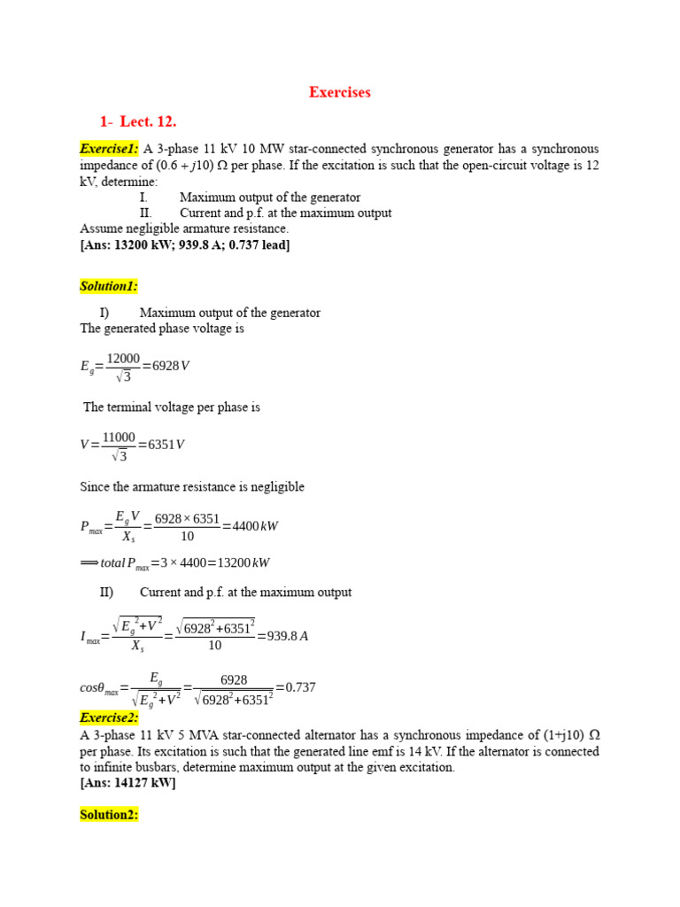 Exercises | PDF | Electrical Impedance | Electric Generator