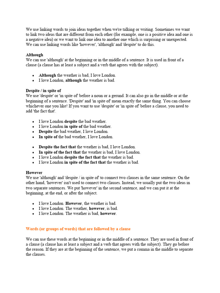 Linking Words Pdf Sentence Linguistics Verb