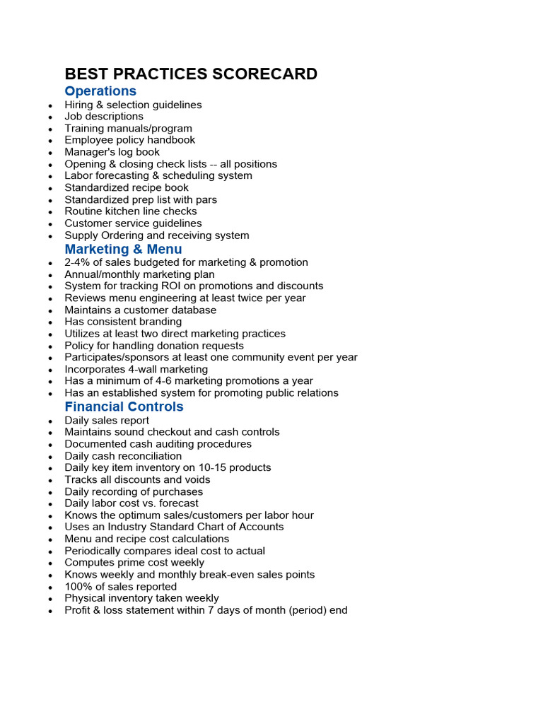 Restaurant Best Practices Scorecard Pdf Career Growth Business