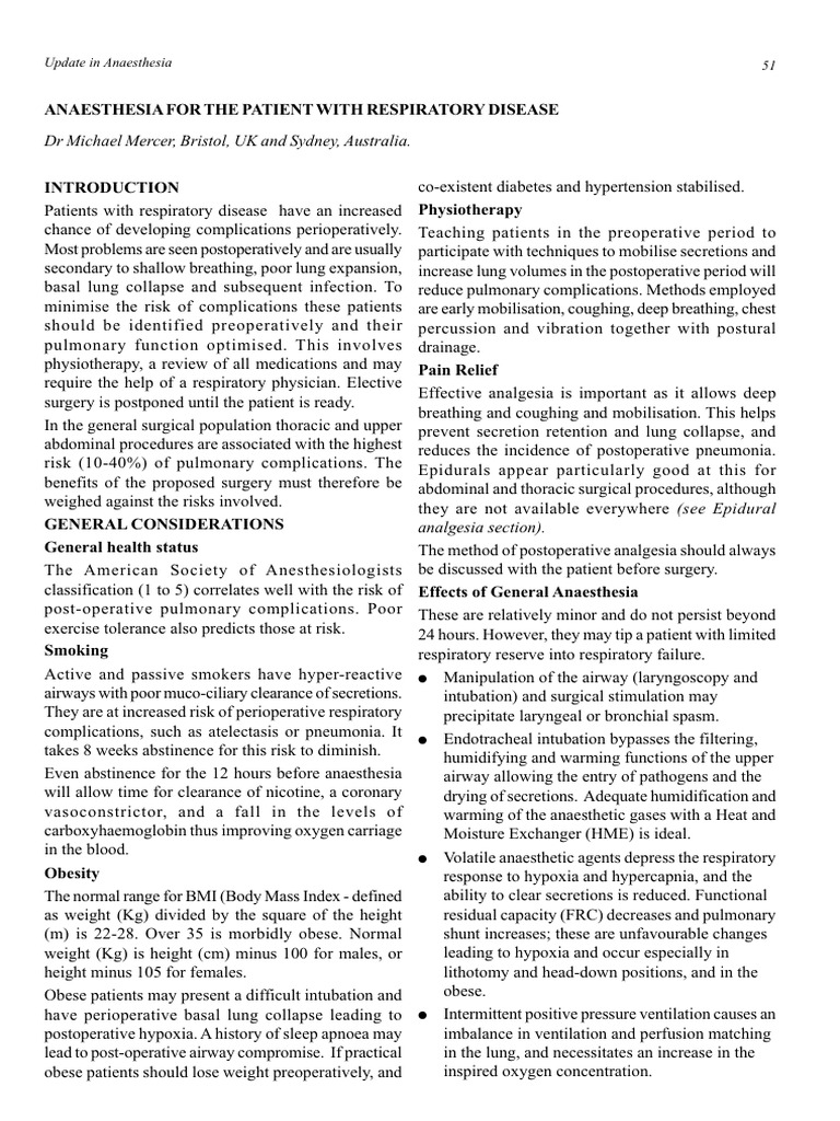Respiratory Disease and Anaesthesia PDF Anesthesia Respiratory
