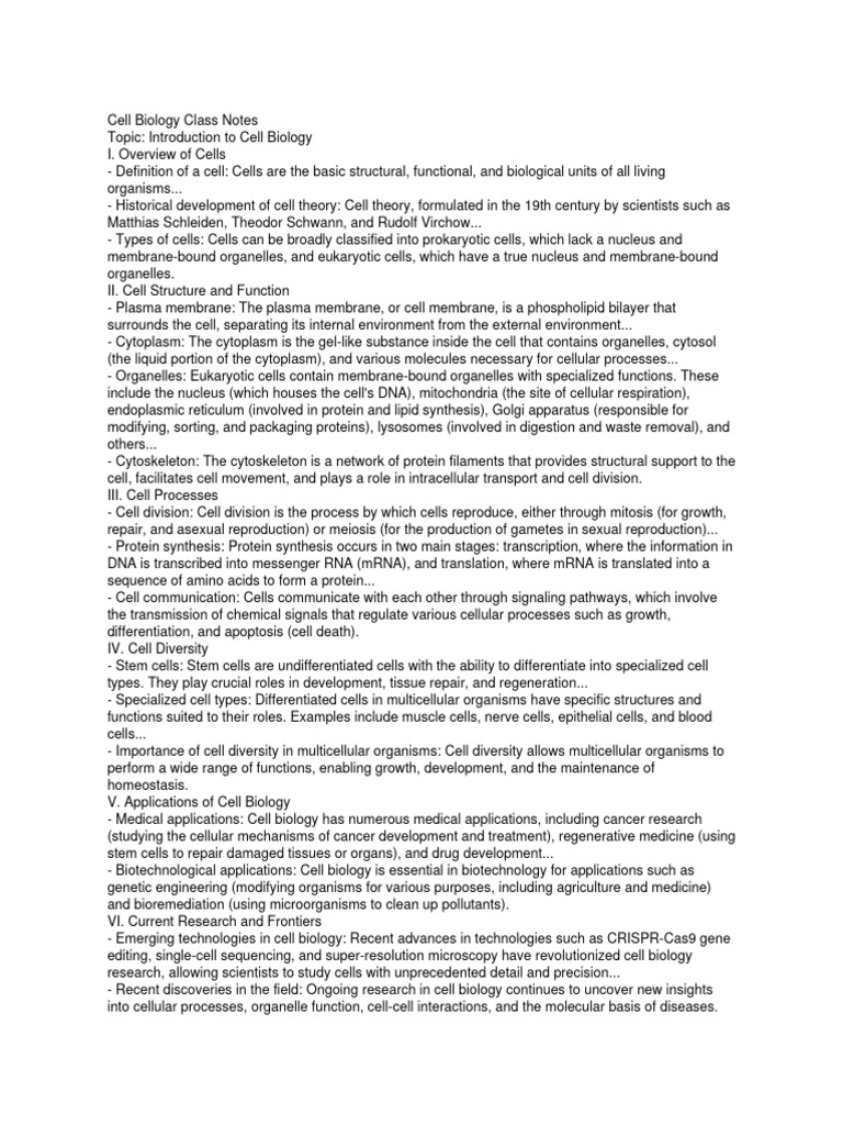 Introduction to Cell Biology Notes | PDF | Cell (Biology) | Cell Membrane