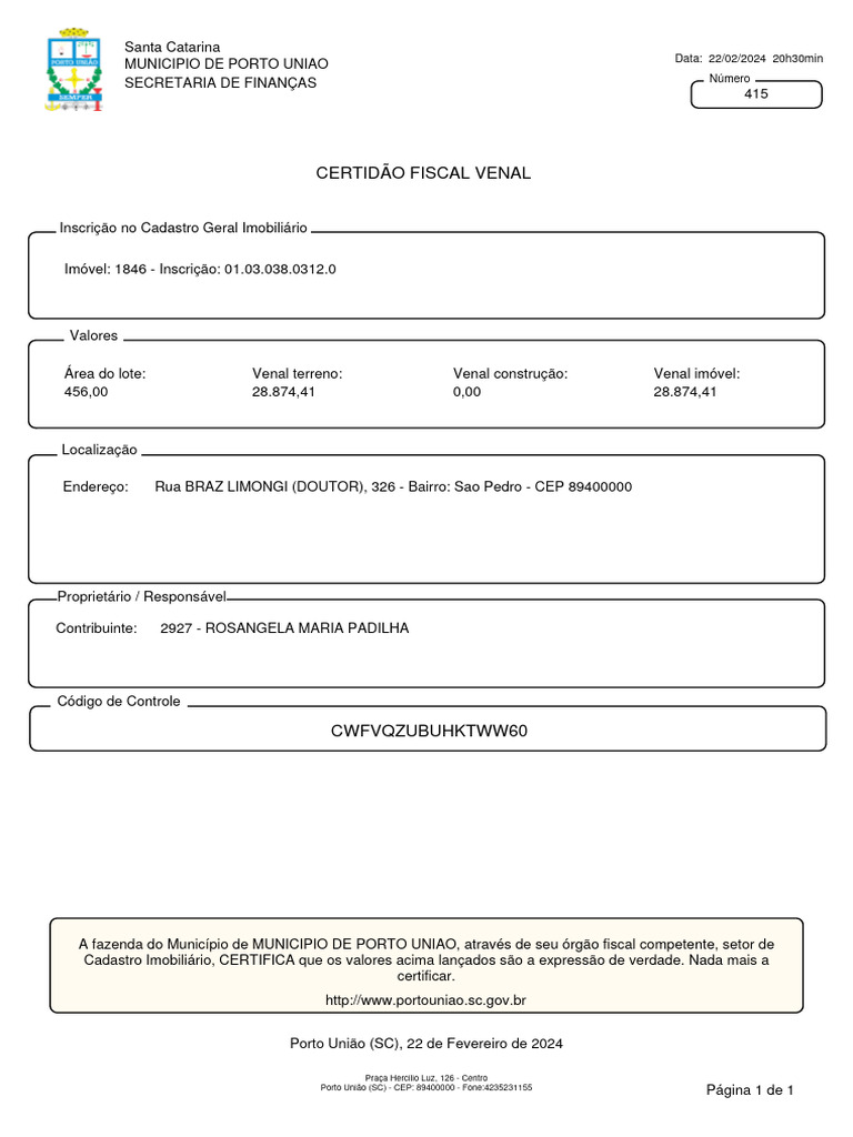 Certidão Fiscal Venal - Porto União | PDF