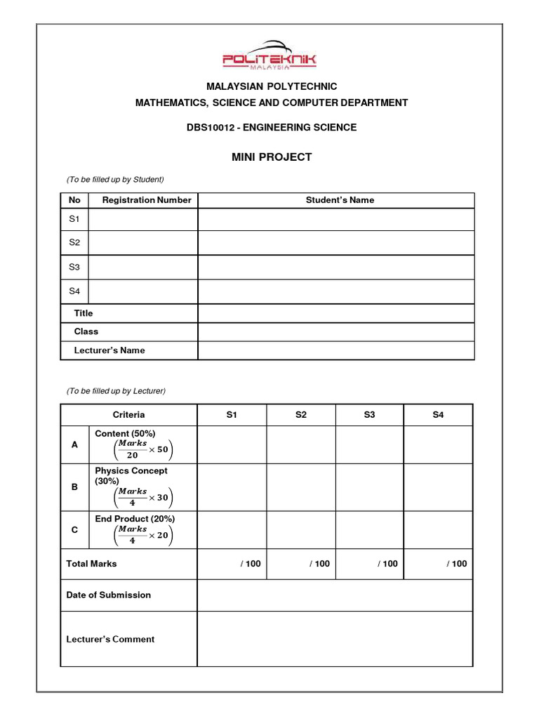 Engineering Science Mini Project Rubric | PDF | Concept | Design