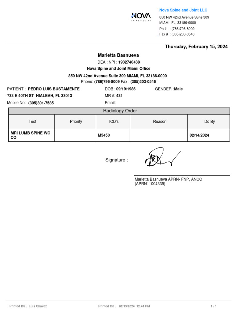 Pedro Luis Bustamente Mri Script Lumb Spine Wo Co | PDF