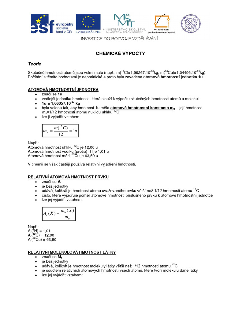 CHE 1 Chemicke Vypocty I Vypocty Ze Vzorcu A Rovnic MAN PDF