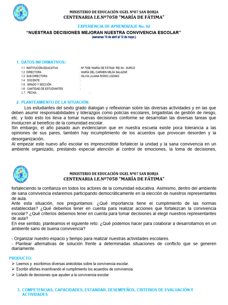 Mejora de la Convivencia Escolar en I.E. 7058 | PDF | Aprendizaje ...