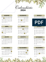 Calendário de Parede 2024 Com Folhagem Verde Cinza Documento A4