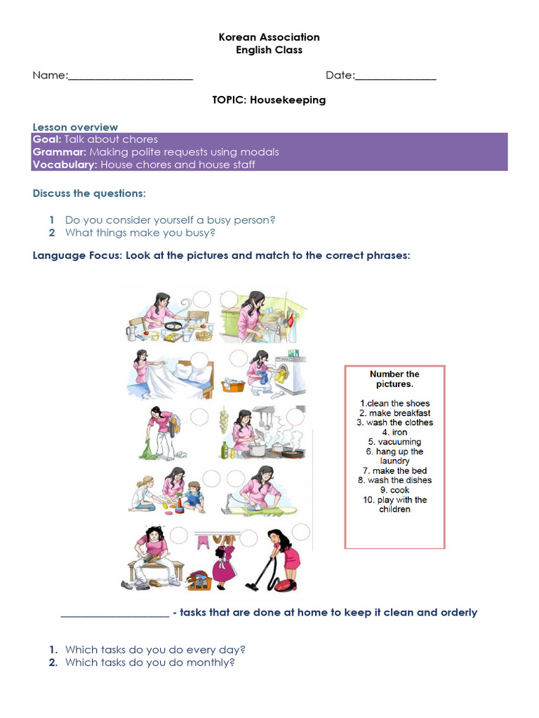 Level 1 Lesson 5 PDF Housekeeping Linguistics