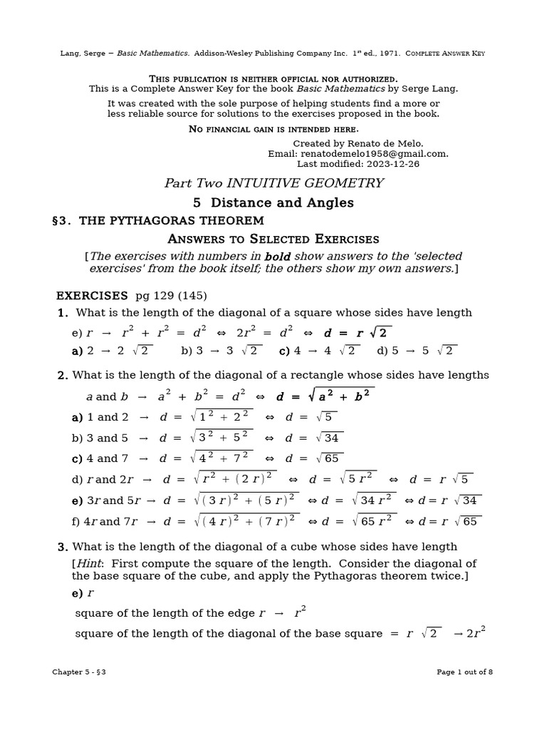 Complete Answer Key for Lang's Math | PDF | Perpendicular | Triangle
