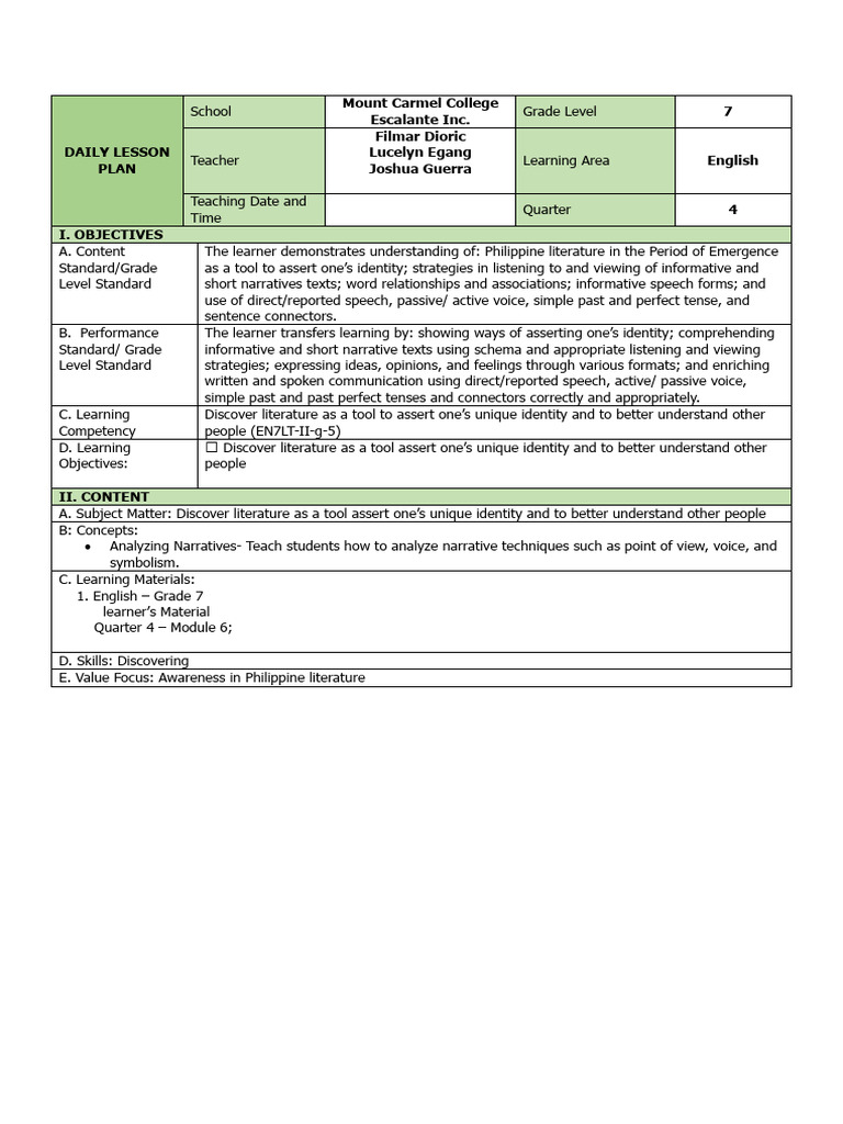 Grade 7 English Lesson Plan | PDF | Learning | Narrative