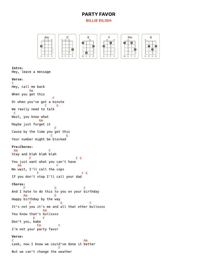 Party favor ukulele tabs by billie eilish on ukutabs pdf song