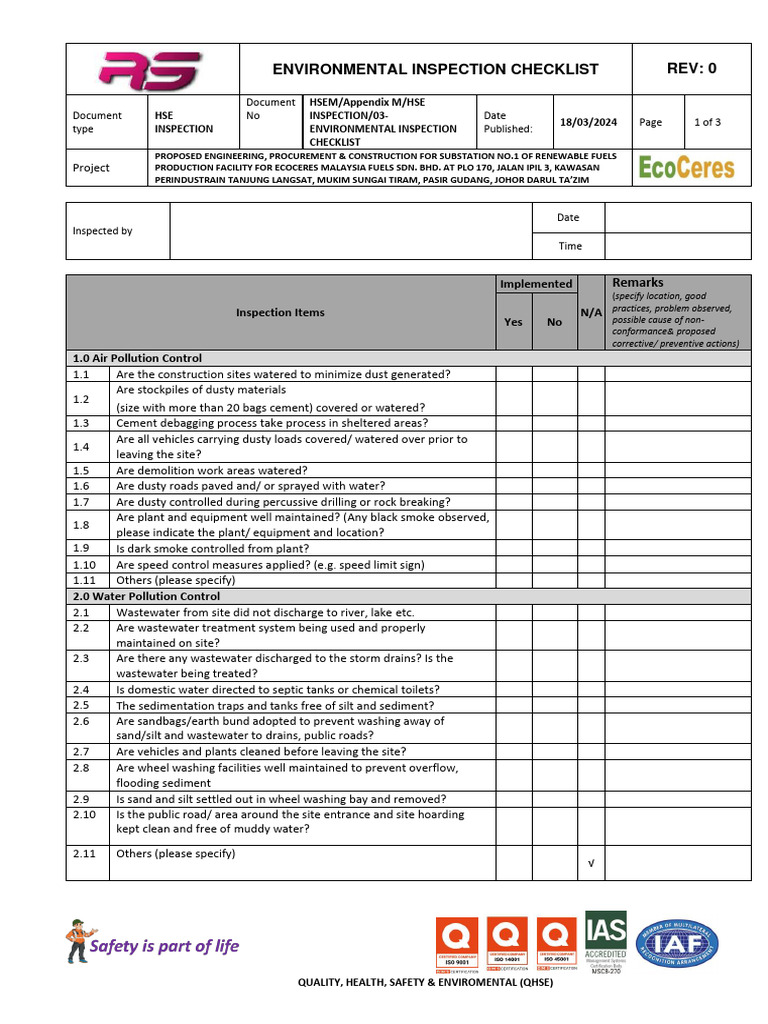 03 Enviromental Inspection | PDF | Waste | Oil Spill