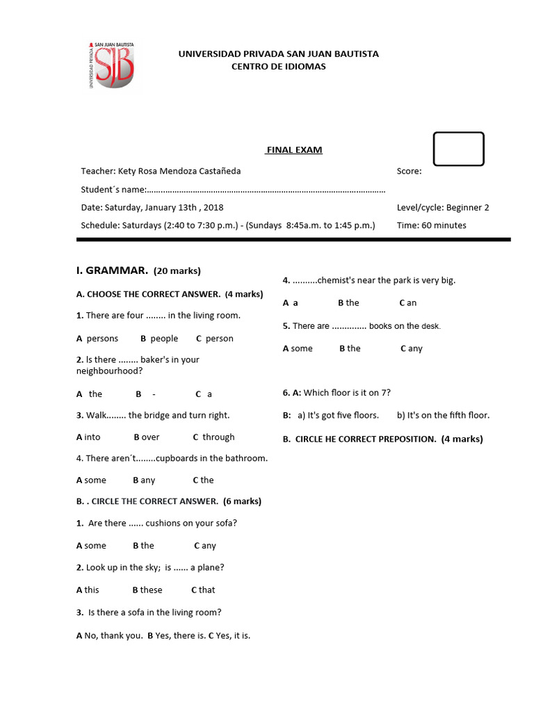 Beginner 2 English Final Exam Guide | PDF