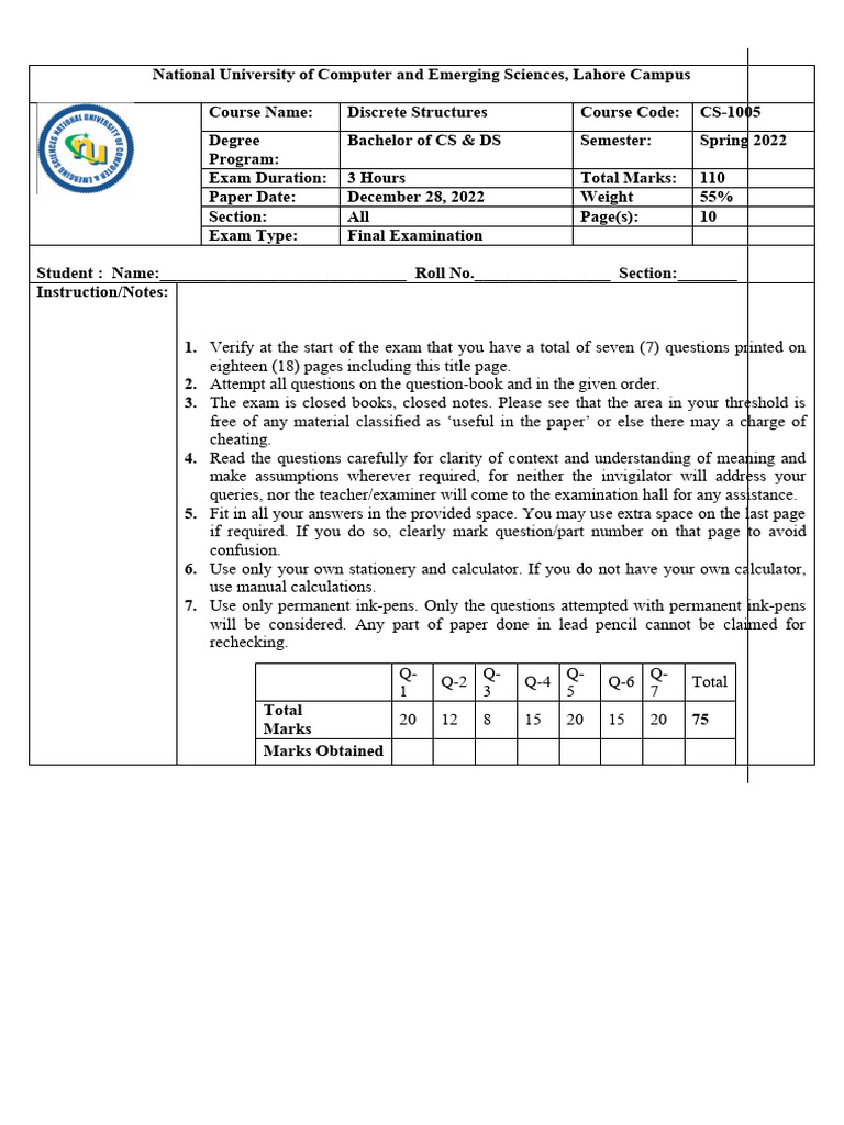 Discrete Structures Final Exam 2022 | PDF | Mathematics | Mathematical ...