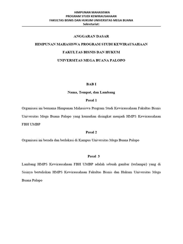 Contoh ADRT HMPS Kewirausahaan | PDF | Karier & Perkembangan | Bisnis