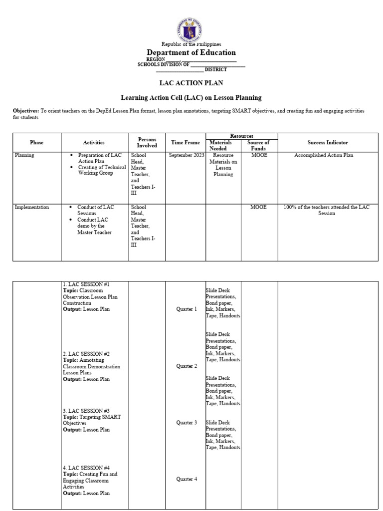 Lac Plan For Master Teacher Pdf Lesson Plan Teachers