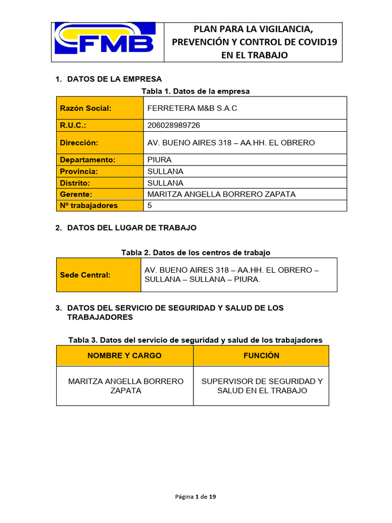 Plan Covid Ferretera M&B Sac | PDF | Lavado de manos | Seguridad y ...