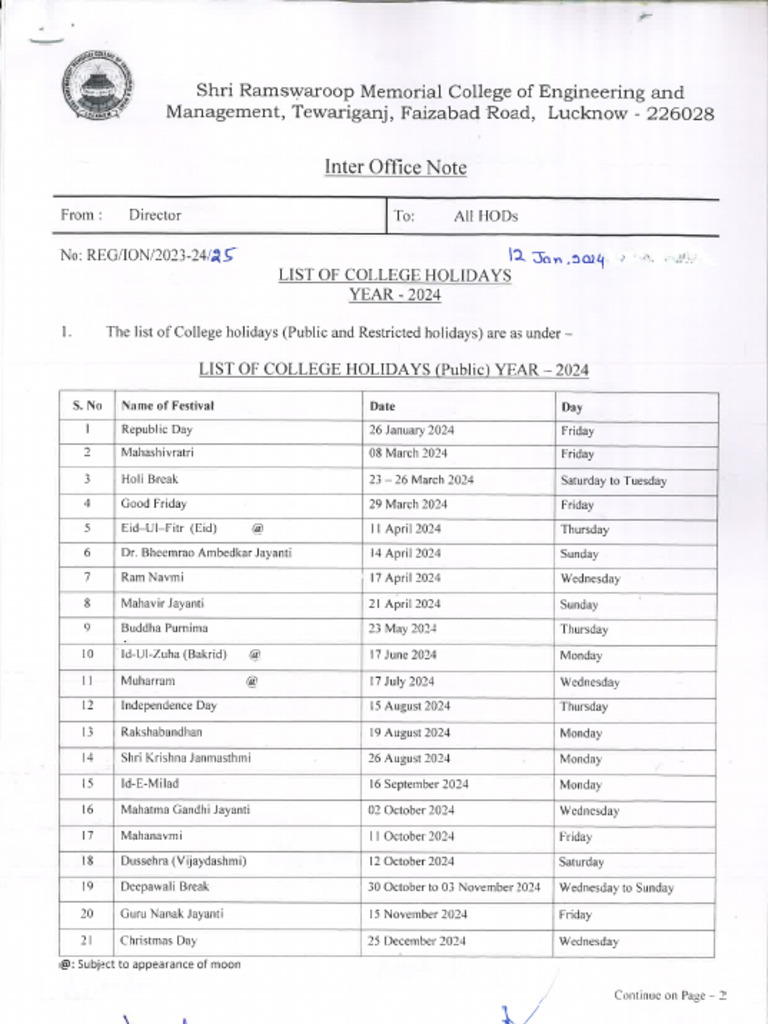 List of Holidays 2024 PDF