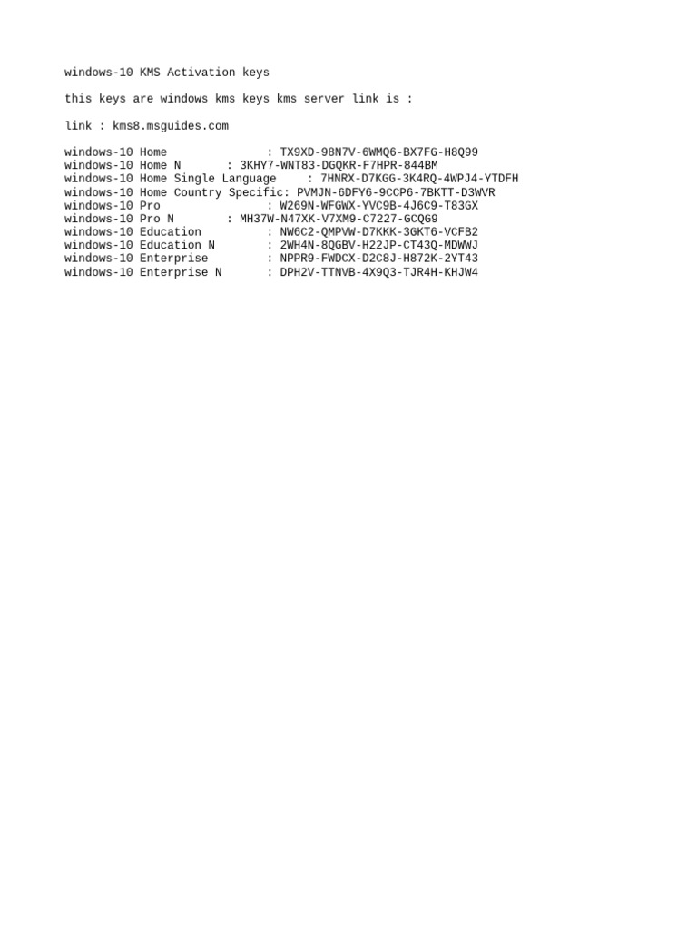 Windows 10 kms activation keys pdf
