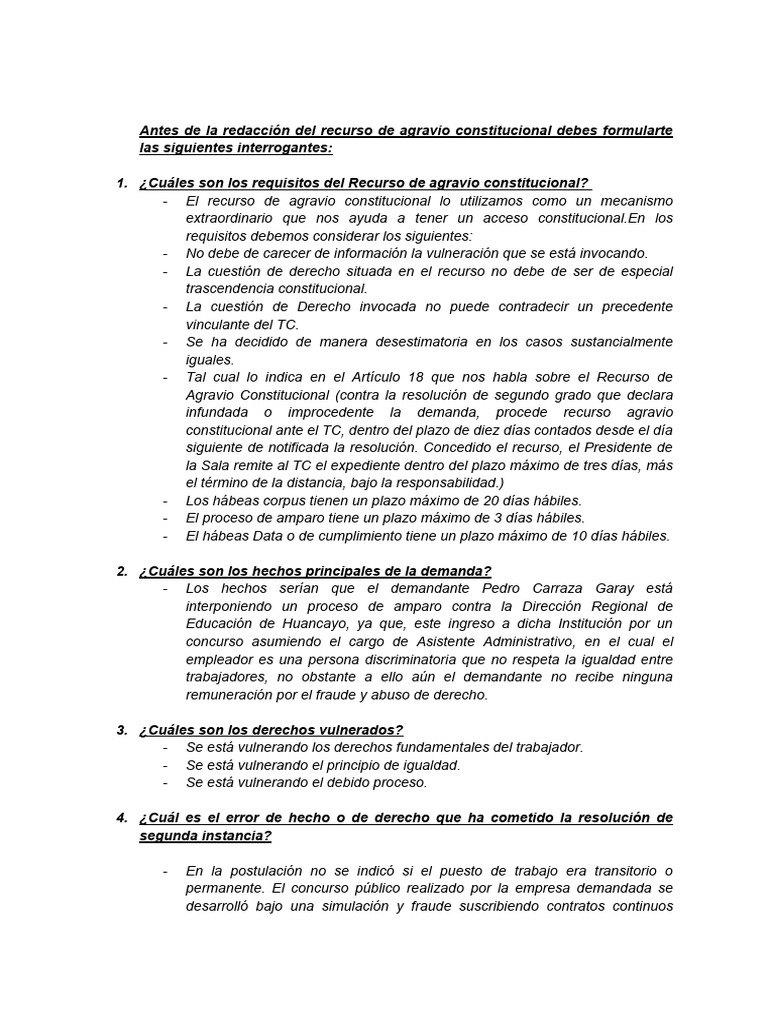 Requisitos del Recurso de Agravio Constitucional | PDF | Demanda ...