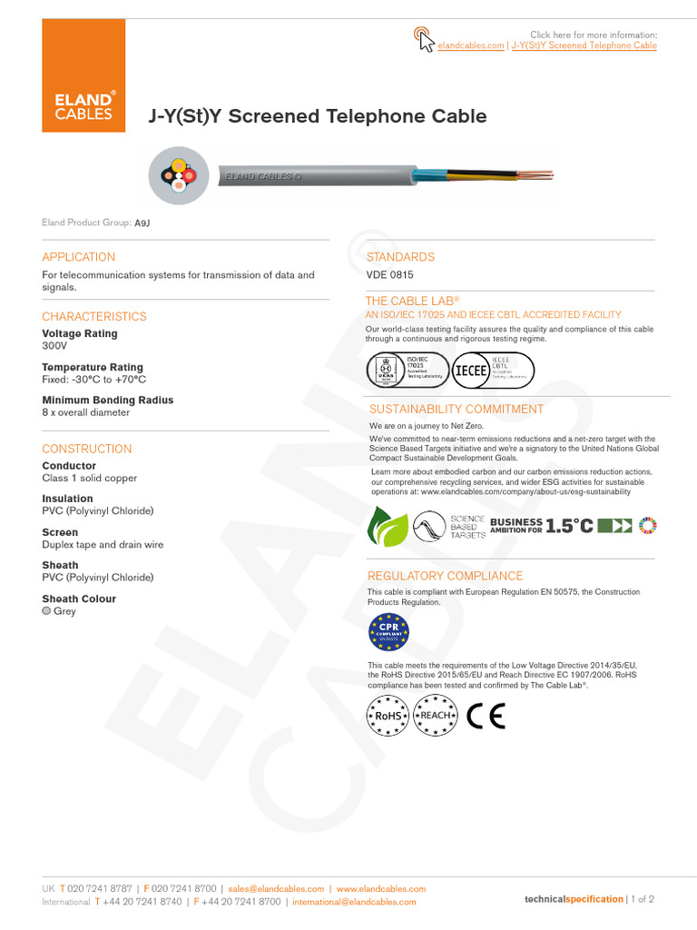 J y ST y Screened Telephone Cable | PDF | Polyvinyl Chloride | Electricity