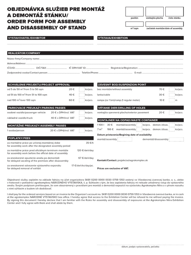 Objednavka Pre Montaz A Demontaz Order Form For Assembly and ...
