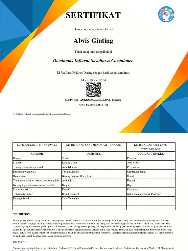 Sertifikat Alwis Ginting 7664 8 Platinum | PDF