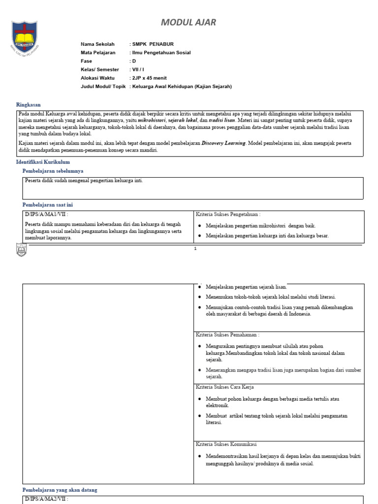 A Modul Ajar Tema 1 Keluarga Awal Kehidupan Kajian Sejarah Pdf