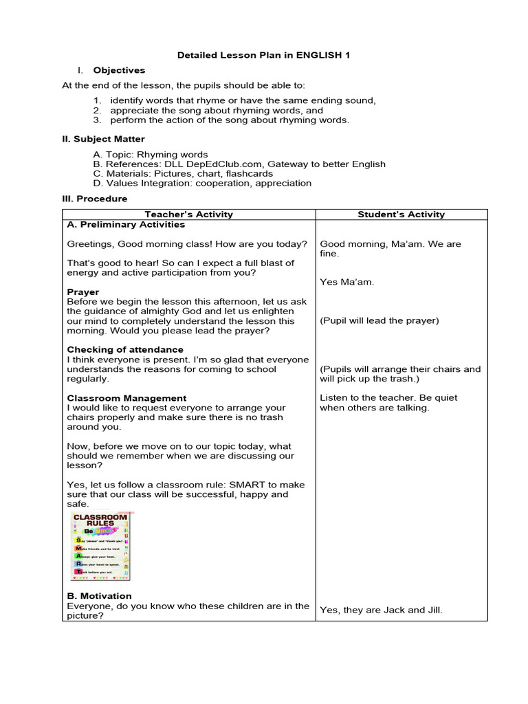 Detailed Lesson Plan in ENGLISH Rhymes | Download Free PDF | Lesson ...