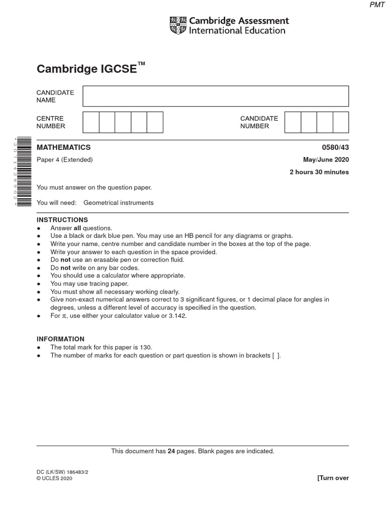 June 2020 (v3) QP - Paper 4 CIE Maths IGCSE | PDF | Circle | Area