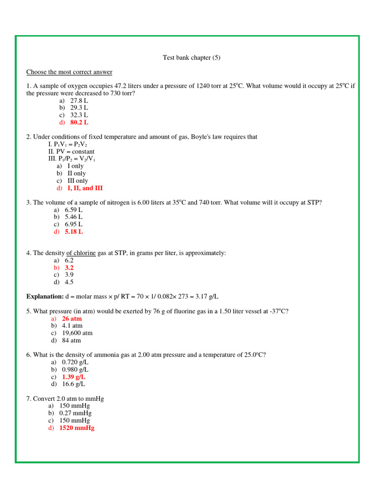 Gas Laws Practice Questions and Solutions | PDF | Gases | Mole (Unit)