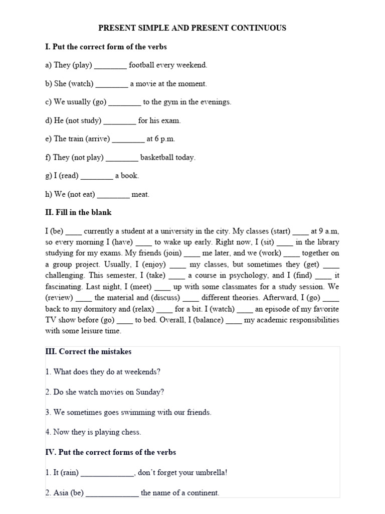 Present Simple vs. Continuous Exercises | PDF | Language Arts & Discipline