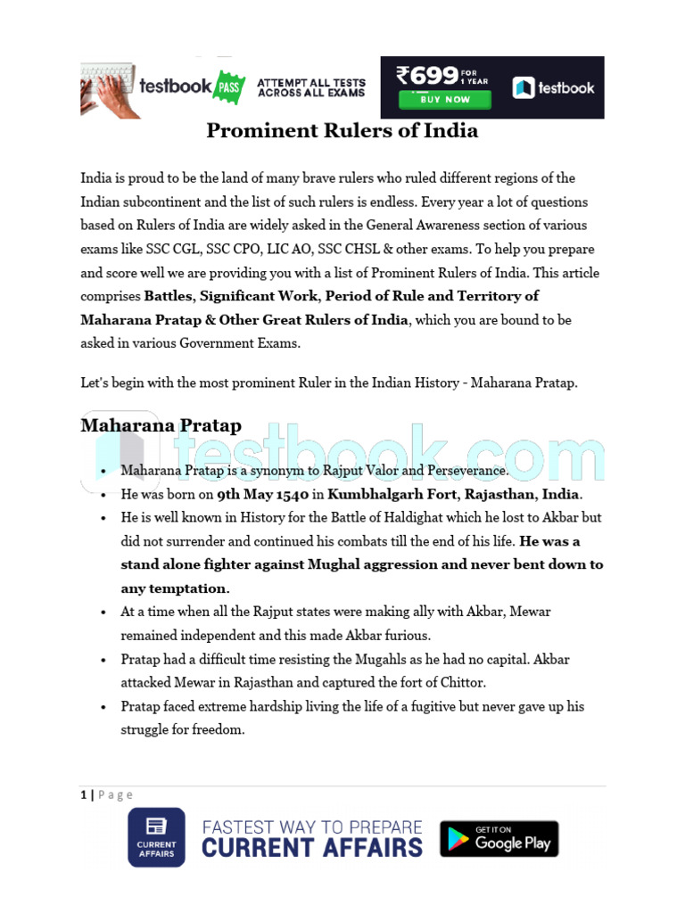 Prominent Rulers of India A22056a2 | PDF