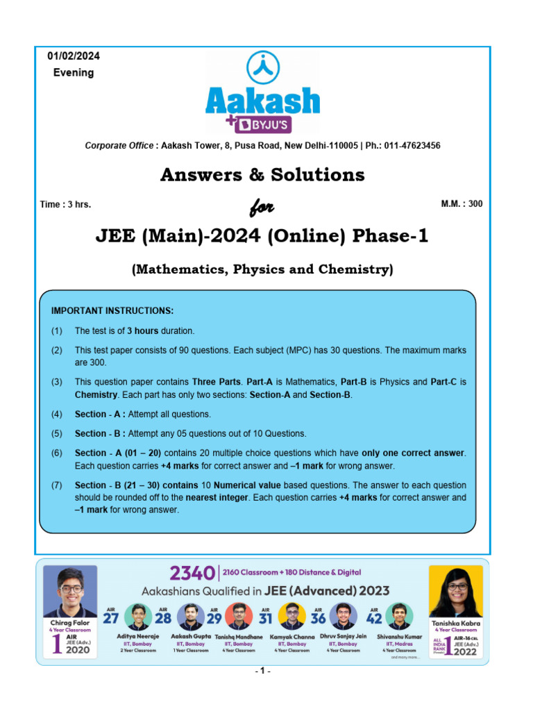 JEE Main 2024 Phase-1 Evening Paper Solutions | PDF | Geometry ...