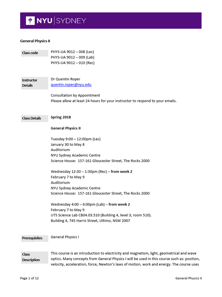 General Physics II Course Overview | PDF | Homework | Optics