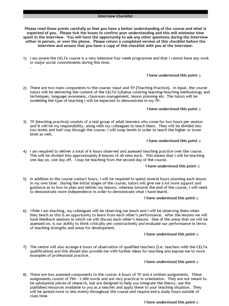 CELTA Interview Preparation Checklist | PDF | Learning | Cognition