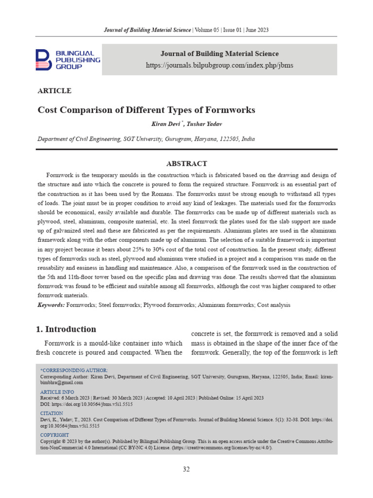 Cost Comparison of Different Types of Formworks: Journal of Building ...