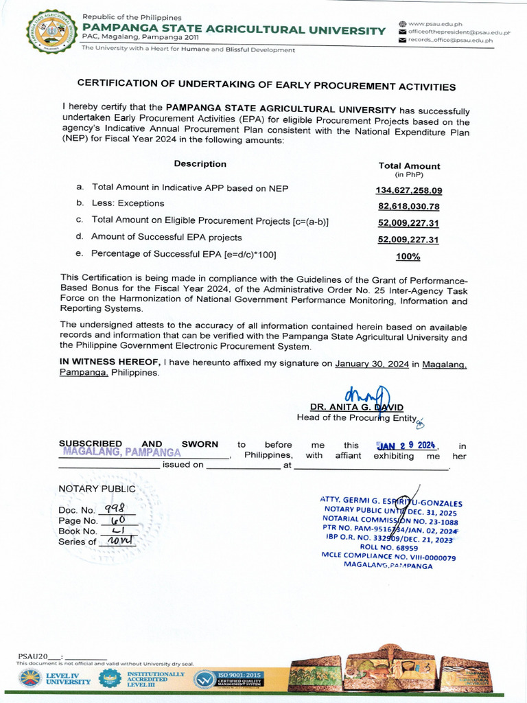 2024 Certification-Of-Undertaking-Of-Early-Procurement-Activities | PDF