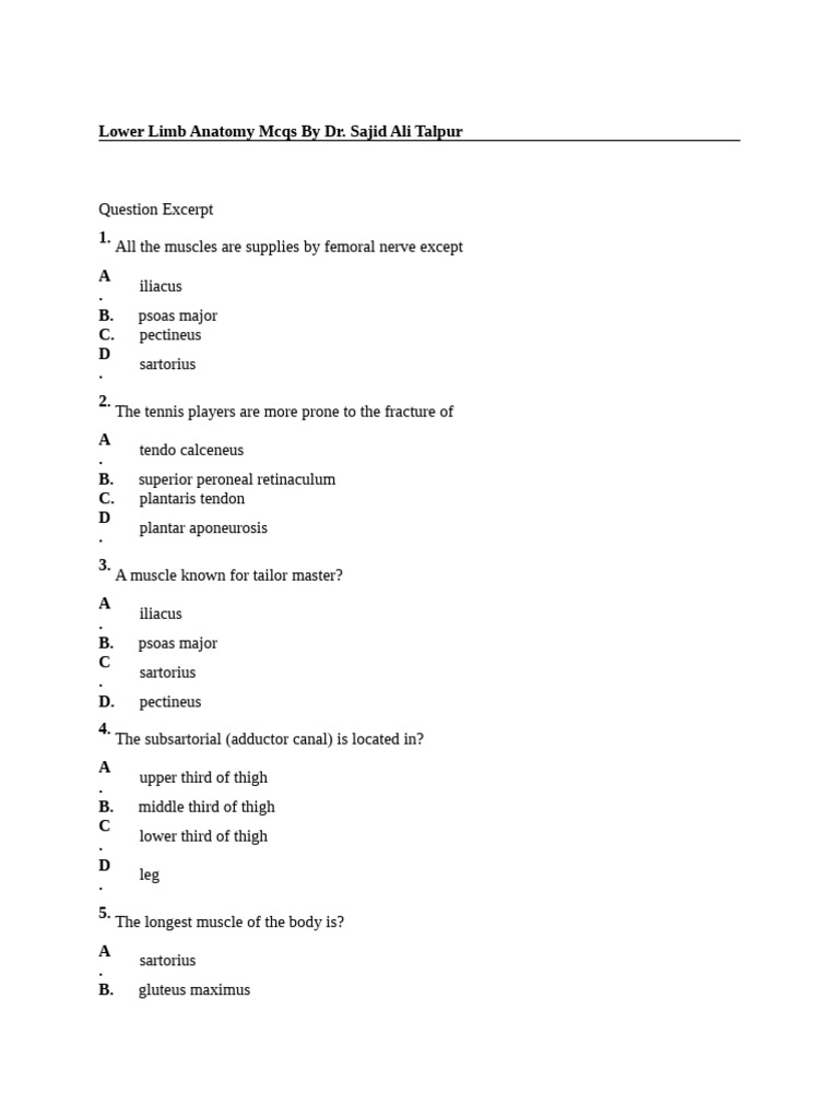 Lower Limb Anatomy Mcqs | PDF | Human Leg | Foot