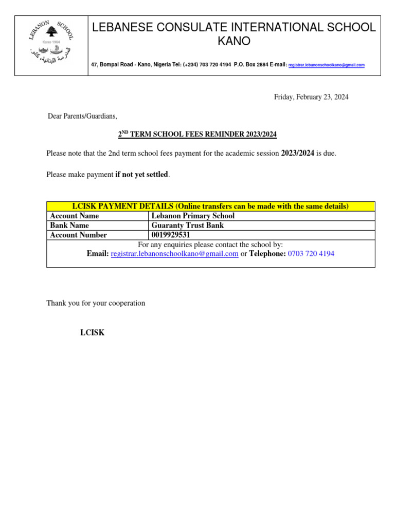 2nd Term School Fees Reminder 2023-2024 | PDF