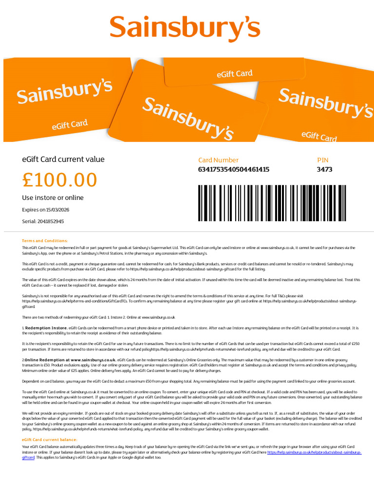 Sainsburys Gift Vouchers