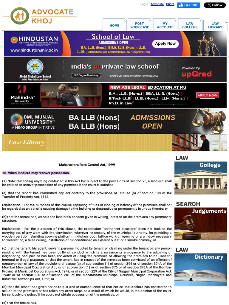 Section 16 Maharashtra Rent Control Act Bare Acts PDF Landlord