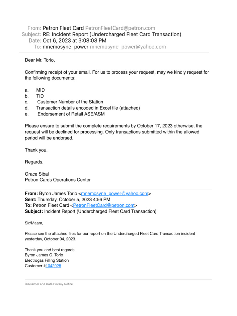 Incident Report: Undercharged Fleet Card | PDF | Privacy | Information ...