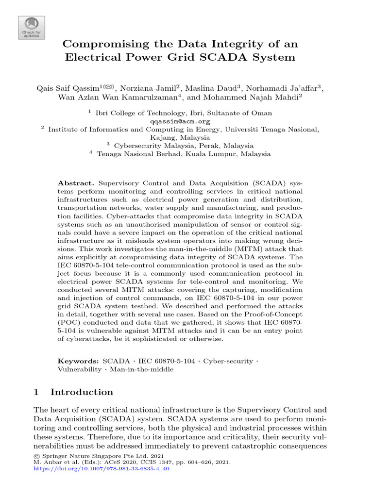 Compromising the data integrity of an electrical power grid scada