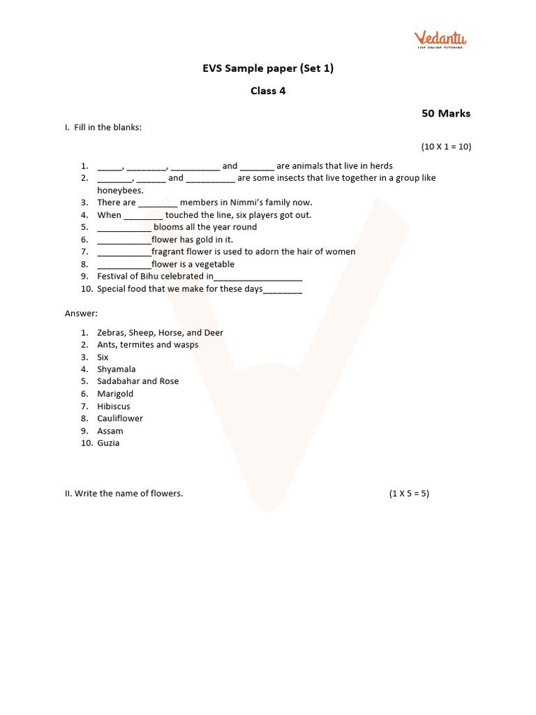 Class 4 EVS Sample Question Paper | PDF | Flowers | Vegetables