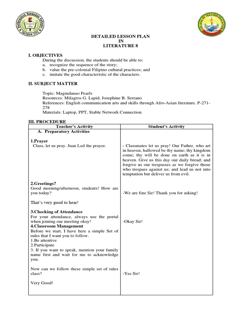 Detailed Lesson Plan IN Literature 8 I. Objectives | PDF | Lord's Prayer
