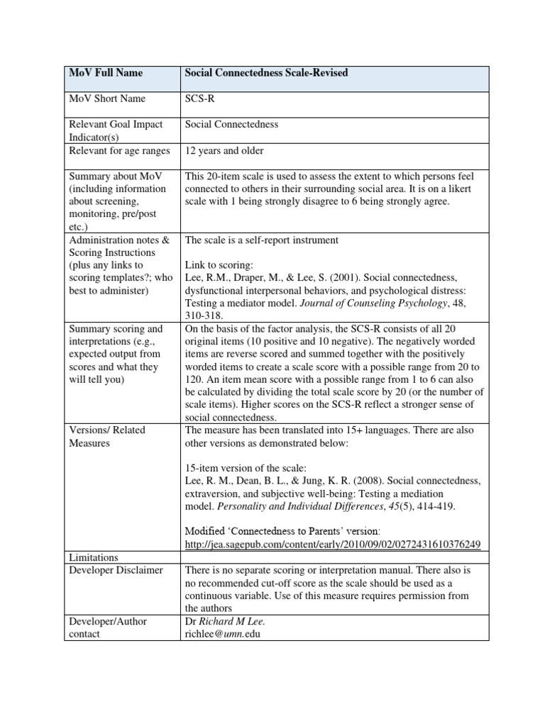 Social Connectedness Scale-R Revised | PDF | Psychology | Extraversion ...