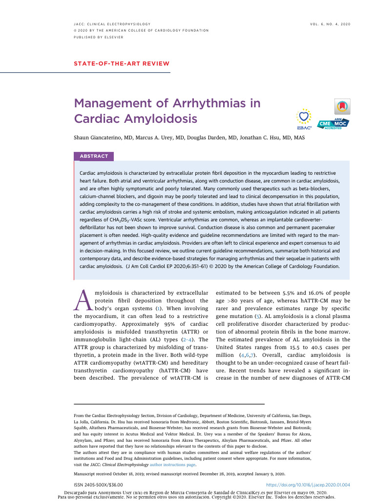 Management of Arrhythmias in Cardiac Amyloidosis | PDF | Cardiology ...