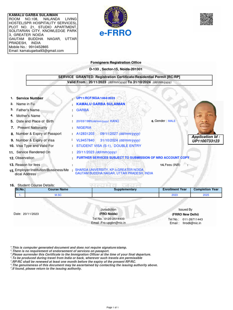 FRRO Registration Certificate for Student | PDF | Travel Visa | Passport