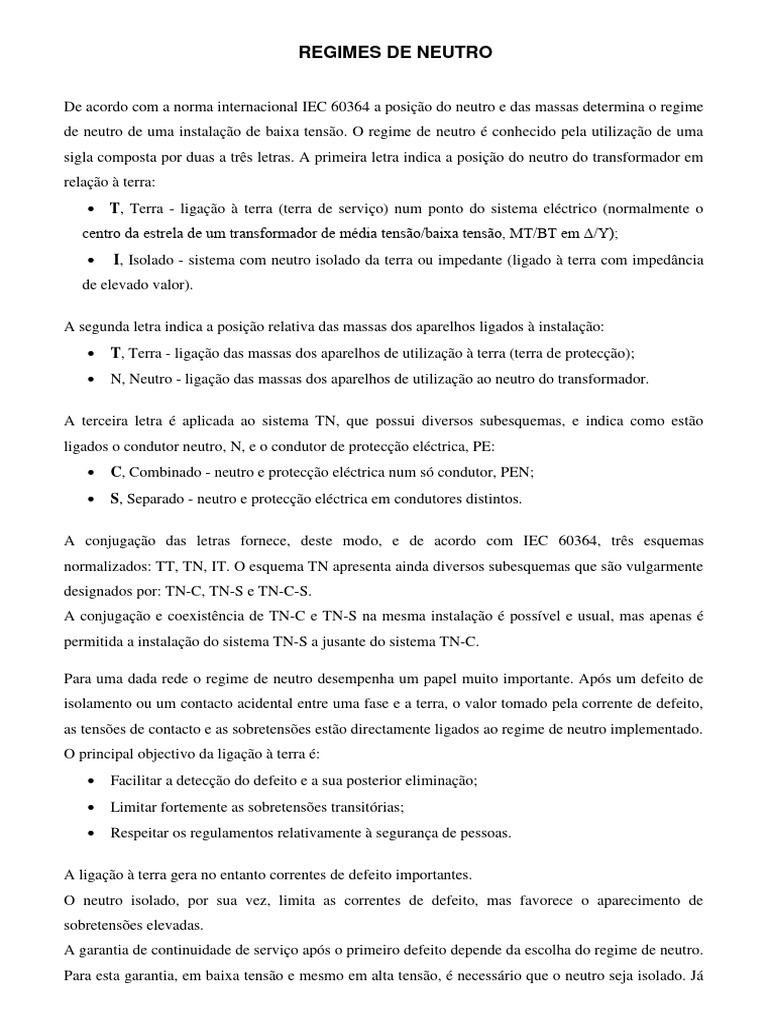 Regimes de Neutro em Instalações Elétricas | PDF | Terra | Transformador